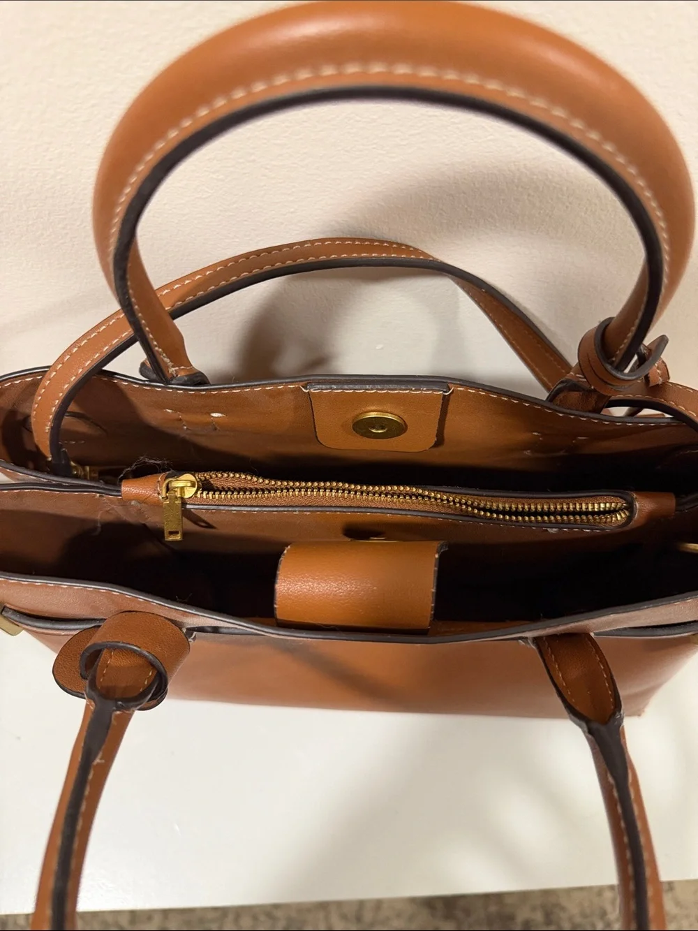 Mango Cognac Leather Satchel with Gold Hardware